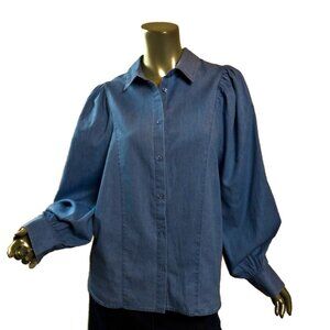 WHO WHAT WEAR Chambray Shirt Button Up Balloon Sleeves Light Wash - M New